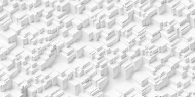 Randomly positioned white cube boxes block fractal background wallpaper banner frame filling geometry pattern, 3D illustration