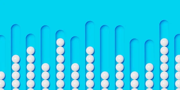 White spheres stacked with different heights on blue background, abstract data visualisation or science, business or research modern minimal concept, 3D illustration