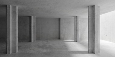 Abstract large, empty, modern concrete room with sunlight from ceiling, pillar rows and rough floor - industrial interior background template, 3D illustration