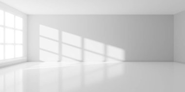 Empty white interior room with sun shining thru large window and reflective floor, modern architecture template background, 3D illustration