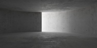 Kavisli duvarları ve kaba zemini olan soyut, boş, modern beton oda - endüstriyel iç plan şablonu, 3 boyutlu illüstrasyon