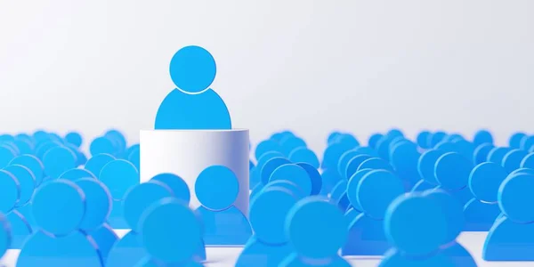Group of blue people figures with one standing out over white background, standing out, individuality or uniqueness concept, 3D illustration
