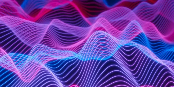 Set of glowing blue and red gradient wave mesh array lines on black background, abstract modern data visualisation, science, research or business datum concept, 3D illustration