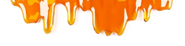 Miel Líquida Naranja Dorada Goteando Borde Flujo Borde Sobre Fondo —  Fotos de Stock