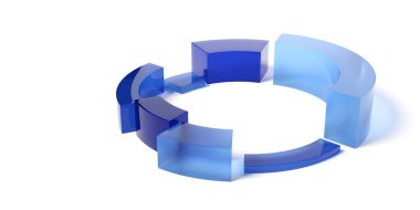 Beyaz arkaplan üzerinde mavi şeffaf pasta grafiği diyagramı, soyut veri görselleştirme kavramı, 3D illüstrasyon