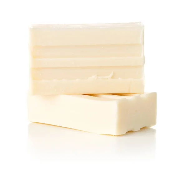 Two White Pieces Soap Bar White Background — ストック写真