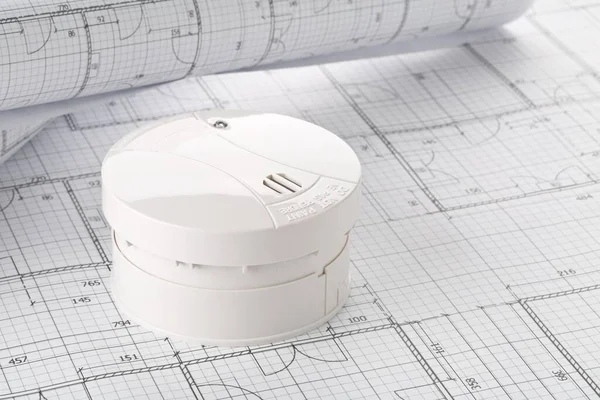 Detector Humo Sensor Alarma Contra Incendios Fondo Planos Arquitectónicos Blancos — Foto de Stock