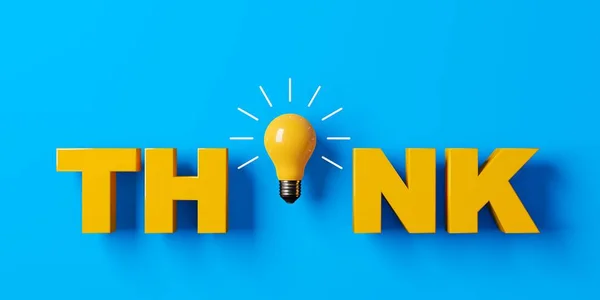 Yellow word THINK with yellow light bulb over blue background, inspiration or brainstorm concept, 3D illustration