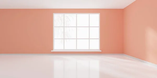 Empty white interior room with pastel salmon colored walls, window and reflective floor, modern architecture template background, 3D illustration
