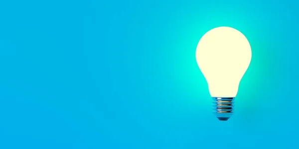 Одна Светящаяся Лампочка Синем Фоне Копировальным Пространством Изобретением Инновационной Концепцией — стоковое фото