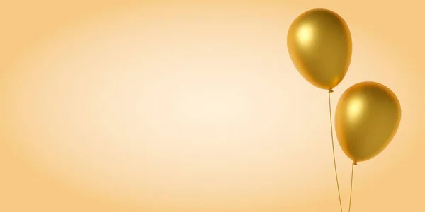 Two gold helium balloons over gold colored background, party, birthday or celebration card template, 3D illustration