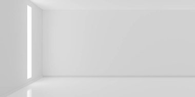 Sol duvarında pencere ışığı olan boş beyaz iç oda, modern mimari şablon arka plan, 3 boyutlu illüstrasyon