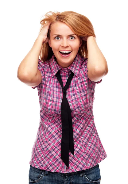 Young surprised woman standing on white background — Stock Photo, Image