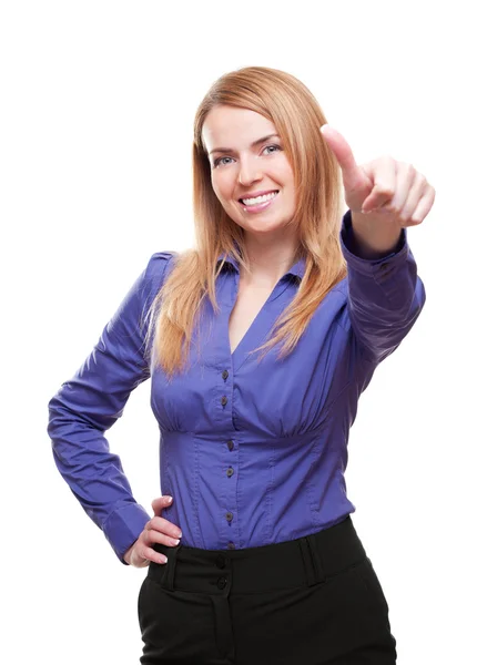 Счастливая молодая женщина стоит улыбаясь показывая большой палец вверх жестом изол — стоковое фото