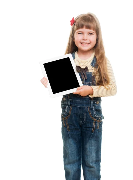 Cute little girl wearing jeans overall posing in studio with whi — Stock Photo, Image
