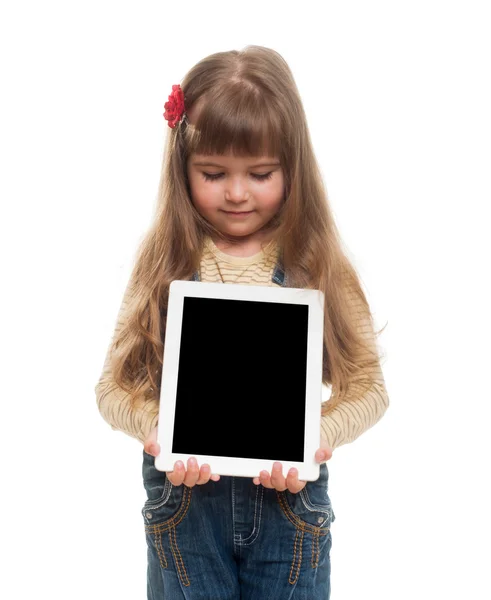 Cute little girl wearing jeans overall posing in studio with whi — Stock Photo, Image