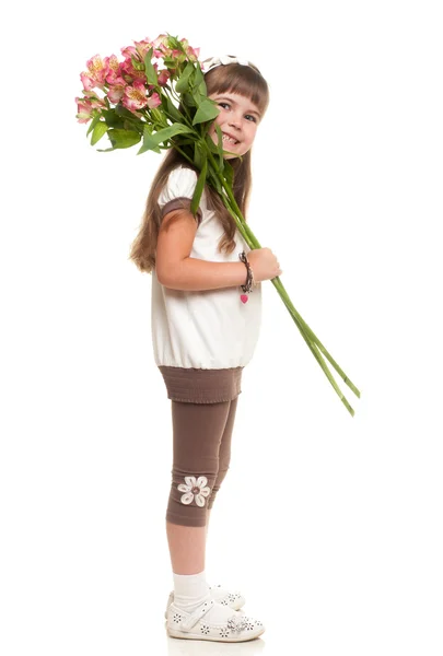 Cute little girl bouqгet of chrysanthemum — Fotografie, imagine de stoc