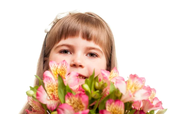 Cute little girl bouqгet of chrysanthemum — Stock Photo, Image