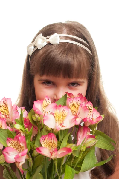 Cute little girl bouqгet of chrysanthemum — Stock Photo, Image