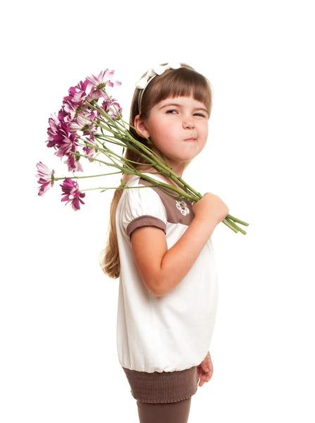 Cute little girl bouqгet of chrysanthemum — Stock Photo, Image