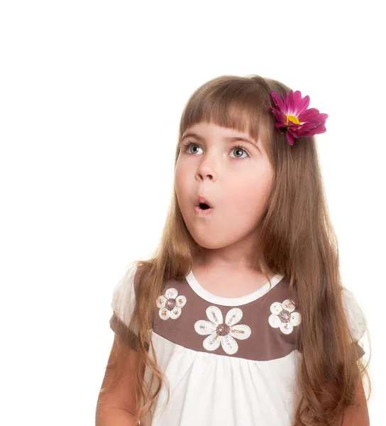 Cute little girl very surprised and looking up somewhere — Stock Photo, Image