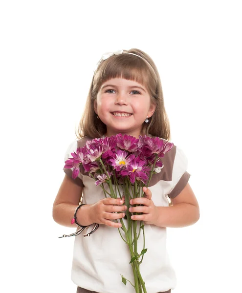 Cute little girl bouqгet of chrysanthemum — Stock Photo, Image