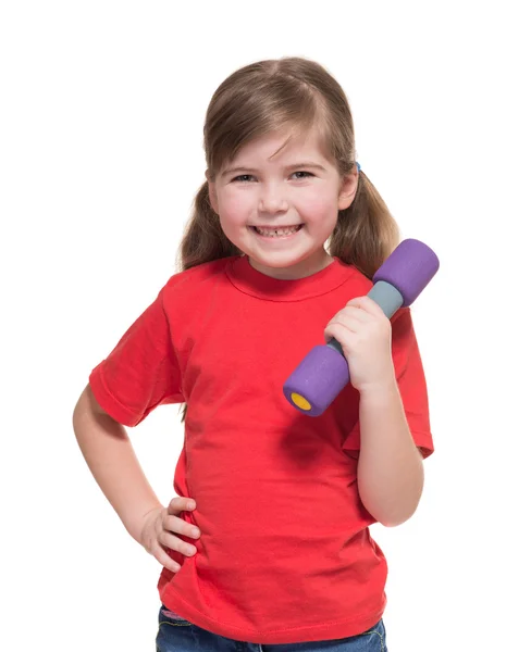 Κοριτσάκι που κρατάει το μικρό barbell για γυμναστήριο — Φωτογραφία Αρχείου