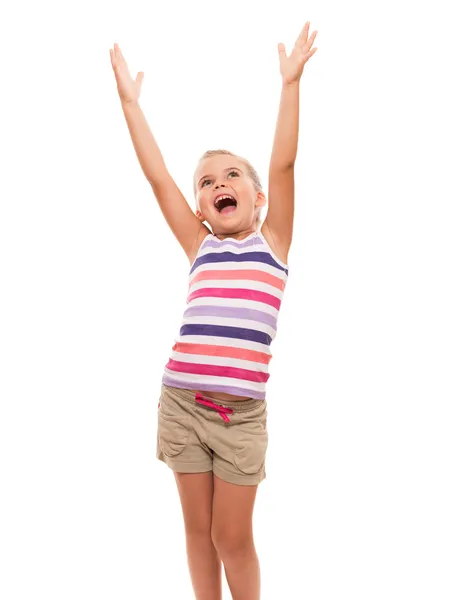Roztomilá holčička, stojící na bílém natahovat ruce nahoru — Stock fotografie