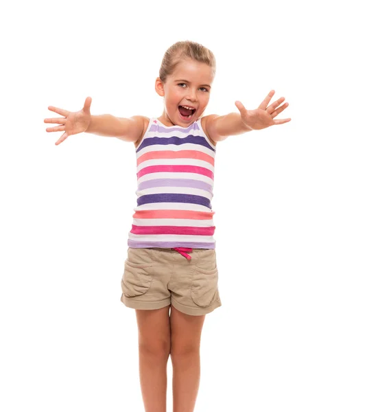 Милая маленькая девочка, стоящая на белом вытяни руки вперед Стоковое Изображение