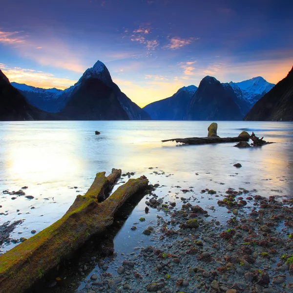 Belle vue sur le coucher du soleil à Milford Sound, Nouvelle-Zélande — Photo