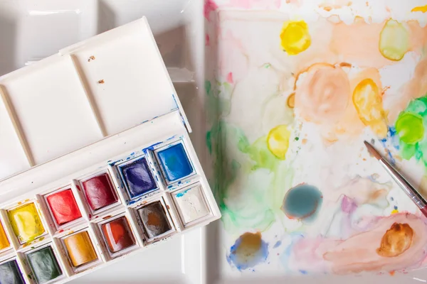 Box Watercolors Paint Stained Palette — Stock Photo, Image