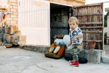 Büyüleyici küçük bir çocuk çiftliğin arka bahçesinde yürüyor..