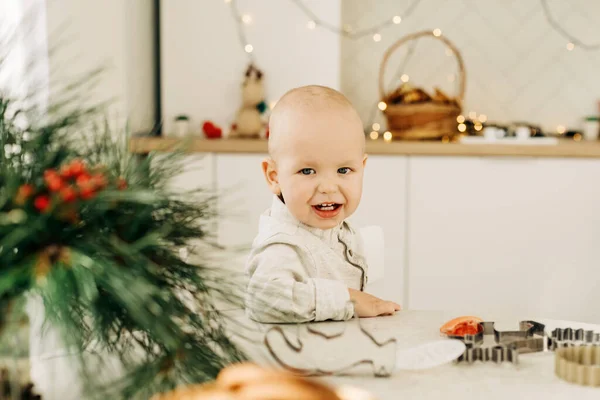 Portrait of a happy boy sitting at a table with cookie cutters. Preparation for the holidays, Christmas decor, Christmas pastries — Stock Photo, Image