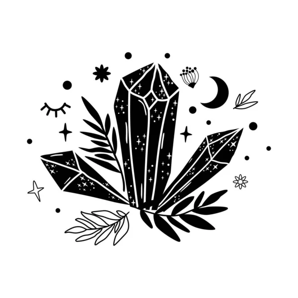Ruhani kristal ay logosu. Grafik şeklinde büyülü bir taş. Ruhani taş çizimi. Vektör mineral izleri. Sihirli çiçek kristali. Alternatif tıp, kristal iyileştirme, astroloji ve sihir.. — Stok Vektör