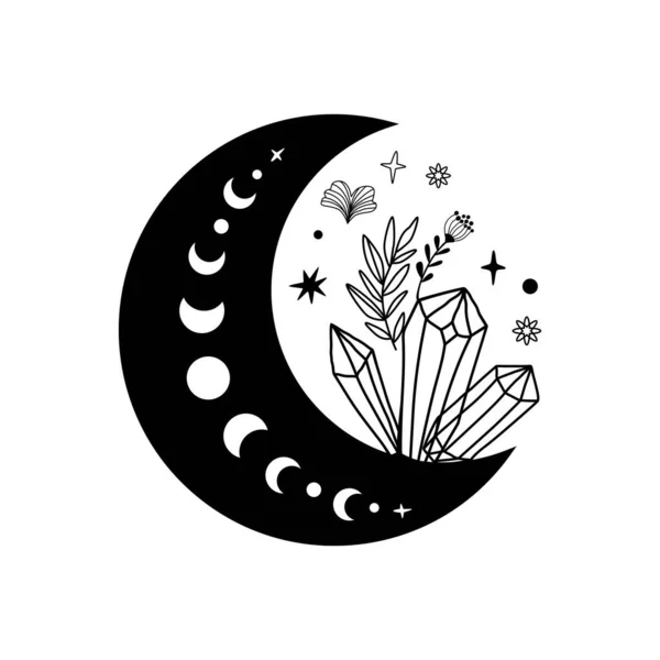 Logo de cristal de fase lunar de espiritualidad. Luna floral. Gráfico negro piedra mágica. Ilustración de piedra espiritual. Forma mineral de la luna vectorial. Media luna mágica floral. Medicina alternativa cristal curación. — Vector de stock