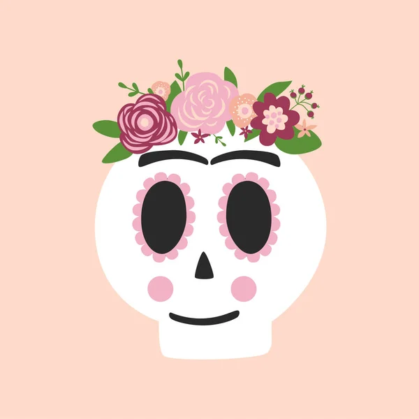 死んだ頭蓋骨のフリーダ・カーロ。ロス・ムエルトスの頭蓋骨の死だ。一日の死の孤立ベクトル図のシンボル。かわいい頭蓋骨のグラフィック要素。ピンク色の不気味なロゴ。スペイン、メキシコの伝統。女の頭蓋骨メキシコ人. — ストックベクタ