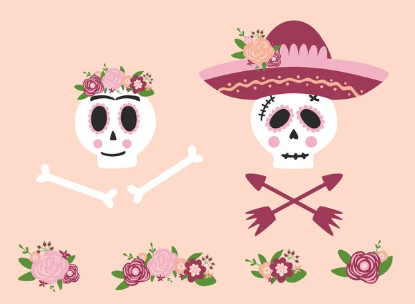 Dzień Martwy Czaszka Kobieta Mężczyzna Zestaw Meksykański Kwiat Czaszki Sombrero — Wektor stockowy