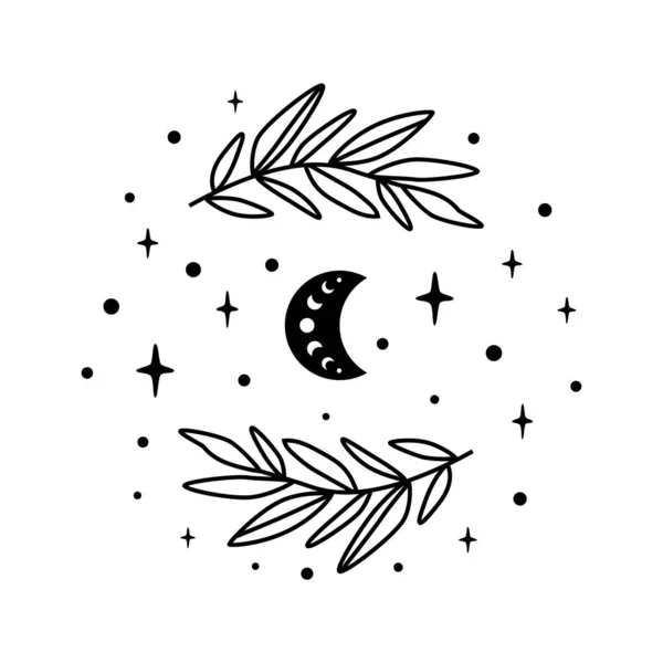Luna celestial. Ramadán. Luna floral símbolo celestial. Elemento gráfico aislado de media luna celestial. Signo de astrología. Forma Boho Luna. Ilustración vectorial. Fase lunar, estrellas, rama. Logotipo místico. — Vector de stock