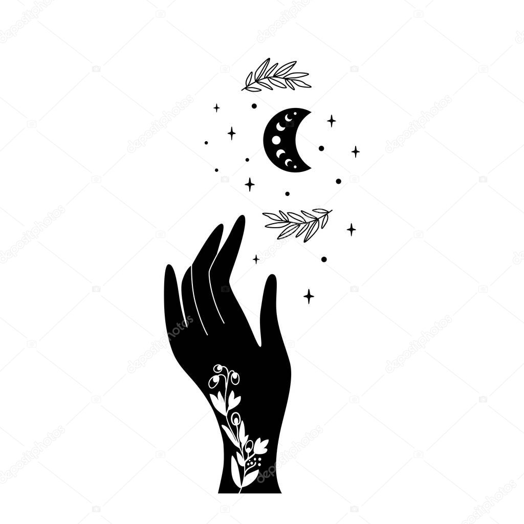 Mystical hand. Female hand holding moon. Celestial crescent. Witchcraft illustration. Floral mystic hand, moon, stars. Witch mystery graphic element isolated. Astrology moon phase, fortune logo.