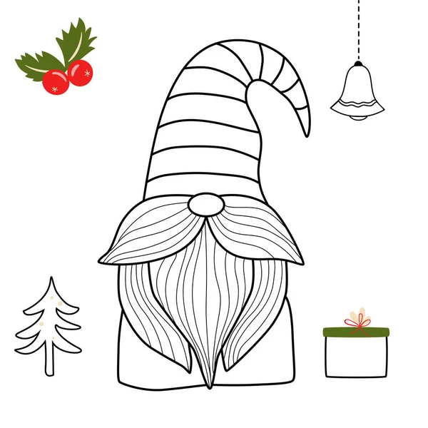 Desenhos de livros para colorir gnomo de Natal. Desenho para colorir gnomos. Personagem gnomo de Natal. gnomos de férias. Santa linha arte vetor ilustração, árvore de Natal, caixa de presente. Férias de inverno página coloração simples. — Vetor de Stock