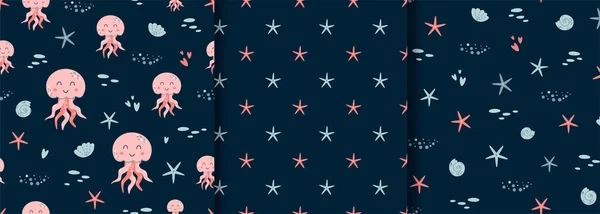 赤ちゃんの海のパターンセット。海の動物のシームレスなパターンかわいい海の動物のプリント。ピンクのクラゲの子供のテキスタイルデザイン。ヒトデ、貝殻暗い海の背景コレクション。ベクターイラスト. — ストックベクタ