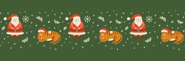 Christmas edging border. Christmas seamless border. Christmas tiger in Santa hat, Santa Clause cute character. New Year seamless background. Winter holidays decorative illustration tiger snowflakes. — Stock Photo, Image