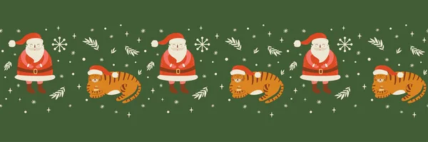 Weihnachtskantenvektor. Weihnachten nahtlos. Weihnachtstiger mit Weihnachtsmütze, Weihnachtsmann mit niedlichem Charakter. Nahtloser Hintergrund zum neuen Jahr. Winterurlaub dekorative Illustration Tiger Schneeflocken. — Stockvektor