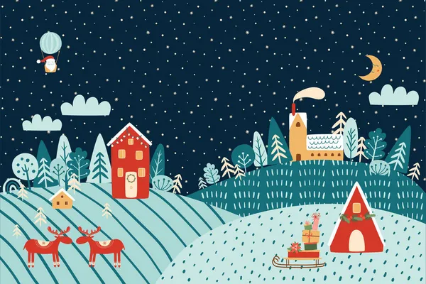 Kouzelná vánoční vesnice. Kouzelná zimní krajina. Zimní krajina večer, kopce, domy, les, sobi, Santa. Vánoční scéna. Pozadí Štědrého večera. Vánoční vesnice. Vektorová ilustrace. — Stockový vektor
