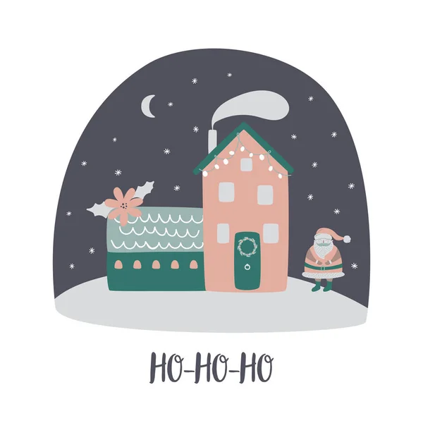 クリスマスの村のシーン サンタさんの家 魔法のクリスマスの夜 冬の風景 新年の村のベクトルイラスト かわいいクリスマスの休日のポスター カード 雪のカントリーサイドコテージ — ストックベクタ