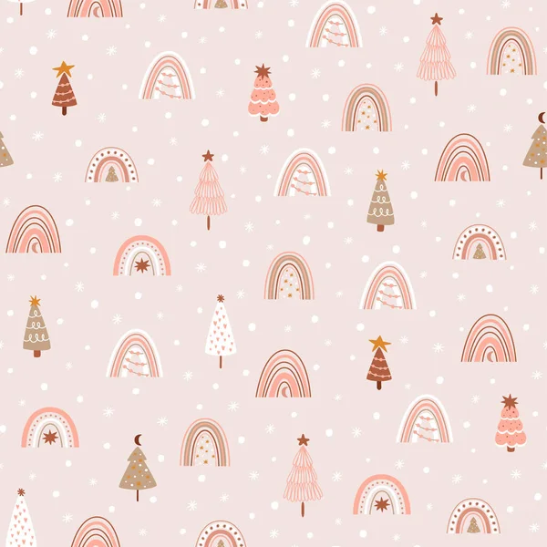 Arcos-íris de Natal rosa padrão de árvore de Natal. Pastel fundo de Natal. Papel de parede bonito tempo de inverno. Fundo de inverno nevado rosa. Arcos-íris nórdicos escandinavos. Ilustração da floresta vetorial. —  Vetores de Stock