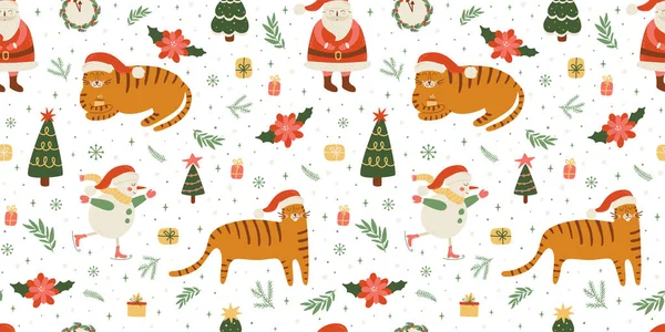 Anno nuovo modello di tigre 2022. Felice anno nuovo cinese tigre senza soluzione di continuità sfondo con Babbo Natale, albero di Natale, orologio. Carina la tigre di Santa col cappello. Illustrazione vettoriale. Buon Natale carta da parati vacanza invernale. — Vettoriale Stock