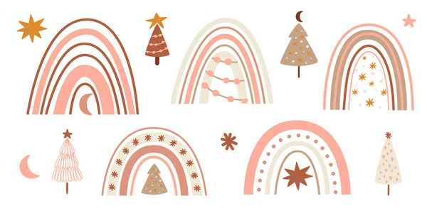 Pembe Noel gökkuşağı seti. Tatlı kış gökkuşakları ve Noel ağaçları izole edilmiş grafik elementleri topluyor. Yeni yıl klibi. Pastel Noel vektör çizimi. Kış tatili için el çizimi kemer. — Stok Vektör