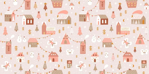 Pembe Noel köyü. Açık hava Noel sahnesi. Kış köyü çizimleri. Pembe Noel arkaplansız panoramik arka plan. Sihirli kışlık evler, kardan adamlar, Noel ağaçları, kar tanesi. — Stok fotoğraf