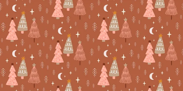 Pembe Noel Ağacı Deseni Noel Gecesi Ormanları Pürüzsüz Güzel Çizimi — Stok Vektör